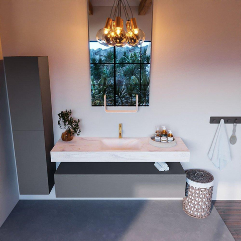Mondiaz ALAN-DLUX Ensemble de meuble - 150cm - meuble - Plata mat - 1 tiroir - Lavabo Cloud Ostra suspendu - vasque Centre - 1 trou de robinet - Beige SW807759
