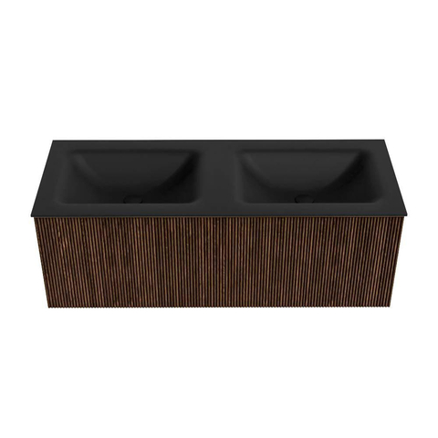 MONDIAZ KURVE 120cm badmeubel kleur Walnut met 1 lade. Wastafel CLOUD dubbel zonder kraangat Urban. SW1138536