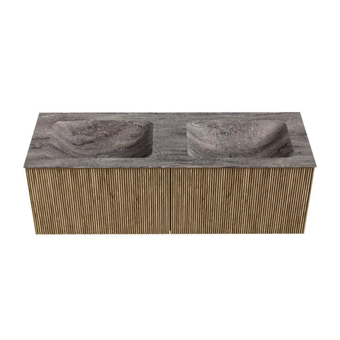 MONDIAZ KURVE-DLUX 130cm meuble de salle de bains couleur Dusk avec 2 tiroirs et 0 porte. Lavabo LEAF Double sans trou de robinet Oza. SW1433013