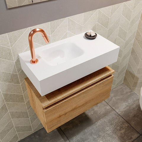 MONDIAZ ANDOR Toiletmeubel - 60x30x30cm - 1 kraangat - 1 lades - washed oak mat - wasbak links - Solid surface - Wit SW474265