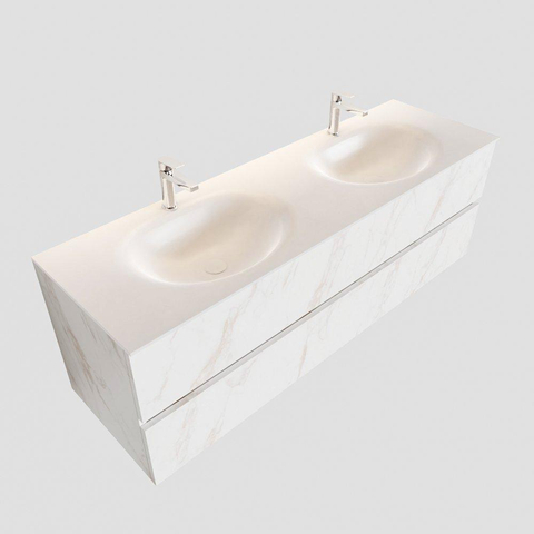 ENSEMBLE DE MEUBLE MONDIAZ VICA - 150 cm - 2 tiroirs - lavabo Moon double - 2 trous de robinet - solid surface marbre carrara SW410314
