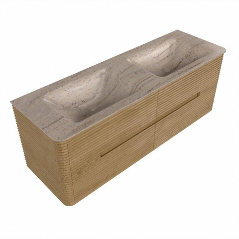 Mondiaz CIRO-DLUX Badkamermeubelset - 140x45x50cm - Solid surface wastafel Saba - 2 wasbak Dubbel - zonder kraangaten - 4 lades - Oak SW1531234