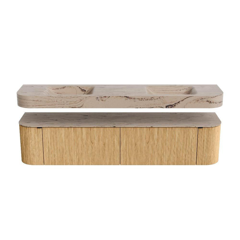 MONDIAZ THOR-DLUX 200cm meuble de salle de bains arrondi gauche + droite couleur Chêne avec 2 tiroirs et 2 portes. Vasque suspendue CLOUD Double sans trou de robinet couleur Arena. SW1467065