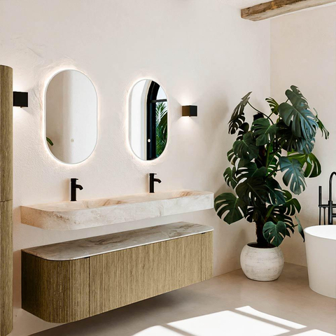 MONDIAZ THOR-DLUX 160cm meuble de salle de bains arrondi gauche + droite couleur Dusk avec 1 tiroir et 2 portes. Vasque suspendue CLOUD Double 2 trous de robinet couleur Frappe. SW1465039