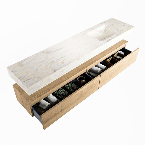 Mondiaz ALAN-DLUX Ensemble de meuble - 200cm - meuble Washed Oak mat - 2 tiroirs - Lavabo Cloud Ostra suspendu - vasque Droite - 0 trous de robinet SW809072