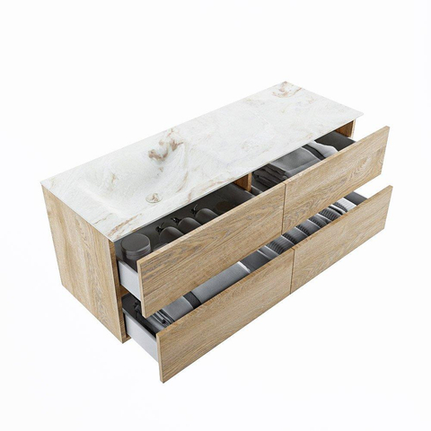 MONDIAZ VICA-DLUX Badkamermeubelset - 130cm - onderkast washed oak - 4 lades - inbouw wastafel cloud links - 1 kraangat - 60cm hoge versie - frape SW1088804