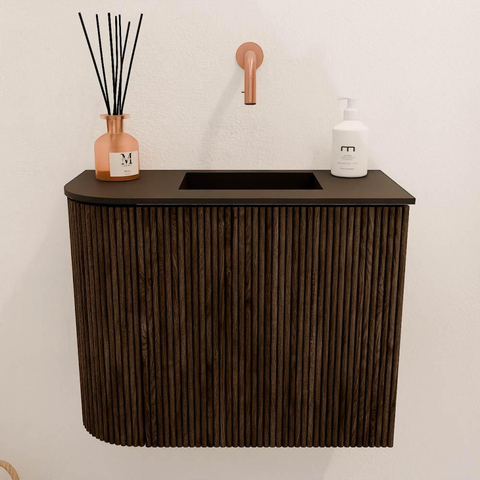 Mondiaz JOYA 51.6cm meuble de salle de bains - arrondi gauche couleur Walnut - Vasque FAYE position Droite Sans trou de robinet couleur Urban. SW1421360