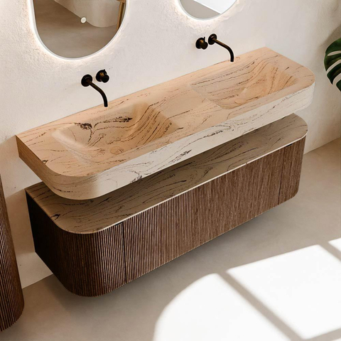 MONDIAZ THOR-DLUX 150cm meuble de salle de bains arrondi gauche + droite couleur Walnut avec 1 tiroir et 2 portes. Vasque suspendue CLOUD Double sans trou de robinet couleur Arena. SW1464738