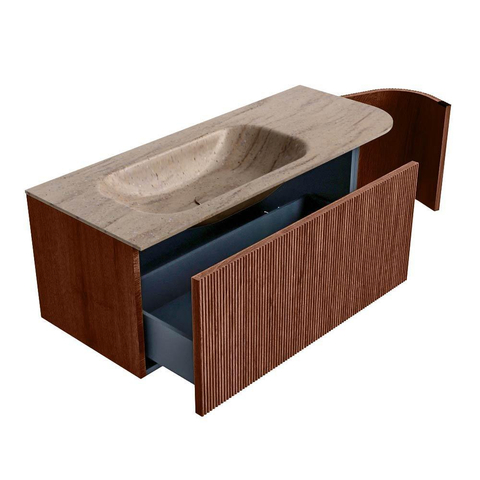 MONDIAZ KURVE-DLUX Meuble de salle de bains 115cm courbe Droite couleur Ruby avec 1 tiroir et 1 porte. Lavabo BIG SMALL Gauche 1 trou de robinet Saba. SW1433458