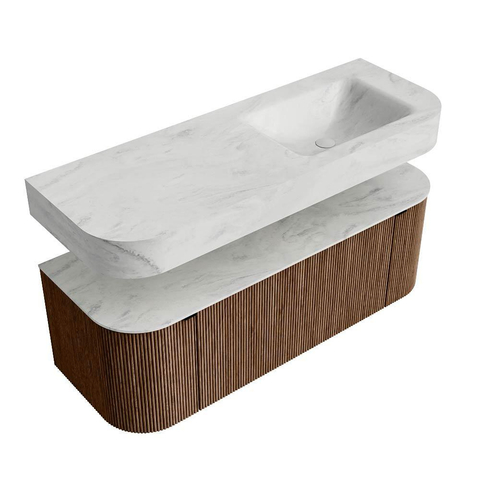 MONDIAZ THOR-DLUX 130cm badmeubel ronding links + rechts kleur Walnut met 1 lade en 2 deuren. Vrijhangende wastafel CLOUD Rechts zonder kraangat kleur Opalo. SW1463627