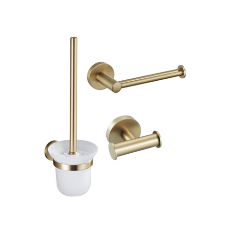 Fortifura Calvi Toiletset 3-delig - toiletrolhouder - zonder klep - toiletborstel - handdoekhaak dubbel rond - PVD - geborsteld messing (goud) SW1248399