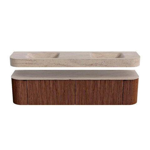 MONDIAZ THOR-DLUX Meuble de salle de bains 190cm arrondi gauche + droite couleur Ruby avec 2 tiroirs et 2 portes. Vasque suspendue CLOUD Double sans trou de robinet couleur Saba. SW1466690