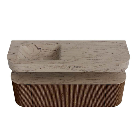 MONDIAZ THOR-DLUX 140cm meuble de salle de bains arrondi gauche + droite couleur Walnut avec 1 tiroir et 2 portes. Vasque suspendue CLOUD gauche sans trou de robinet couleur Arena. SW1464471