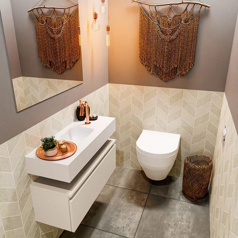 MONDIAZ ANDOR Meuble WC - 80x30x30cm - 1 trou de robinet - 1 tiroir - linen mat - vasque au milieu - Solid surface - Blanc SW474200