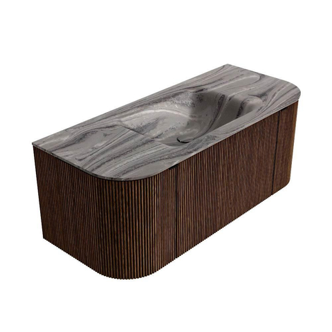 MONDIAZ KURVE-DLUX 110cm badmeubel ronding Links + Rechts kleur Walnut met 1 lade en 2 deuren. Wastafel CLOUD Midden zonder kraangat Sombra. SW1433634
