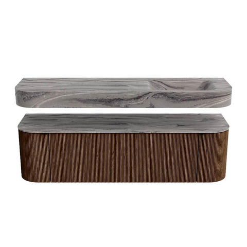 MONDIAZ THOR-DLUX 160cm meuble de salle de bains arrondi gauche + droite couleur Walnut avec 1 tiroir et 2 portes. Vasque suspendue CLOUD Droite 1 trou de robinet couleur Sombra. SW1465377