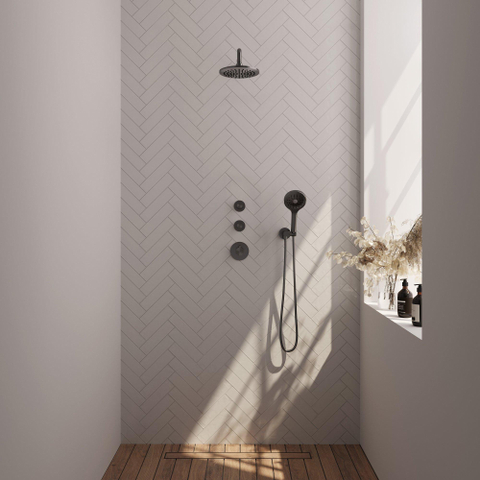 Brauer Gunmetal Carving Colonne de douche thermostatique avec pommeau 20cm et bras mural courbé 40cm et douchette Rond 3 jet flexible lisse avec coude mural Gunmetal brossé PVD SW715994