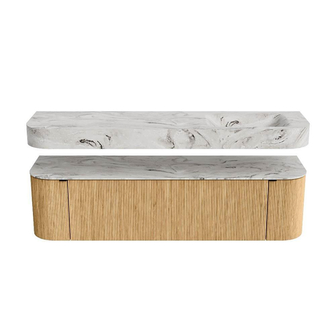 MONDIAZ THOR-DLUX 170cm meuble de salle de bains arrondi gauche + droite couleur Oak avec 1 tiroir et 2 portes. Vasque suspendue CLOUD droite 1 trou de robinet couleur Glace. SW1465442