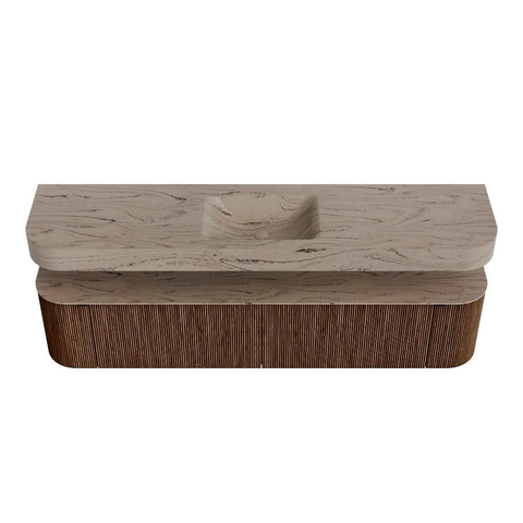 MONDIAZ THOR-DLUX 200cm meuble de salle de bains arrondi gauche + droite couleur Walnut avec 2 tiroirs et 2 portes. Vasque suspendue CLOUD Milieu sans trou de robinet couleur Arena. SW1467061