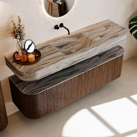 MONDIAZ THOR-DLUX 160cm meuble de salle de bains arrondi gauche + droite couleur Walnut avec 1 tiroir et 2 portes. Vasque suspendue CLOUD Milieu sans trou de robinet couleur Sombra. SW1465394
