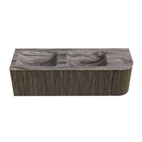 MONDIAZ KURVE-DLUX Meuble de salle de bains 145cm arrondi à droite couleur Shadow avec 1 tiroir et 1 porte. Lavabo LEAF Double / Gauche 2 trous de robinet Sombra. SW1433798