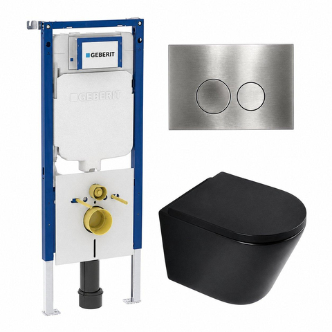 QeramiQ Dely Toiletset - 36.3x51.7cm - diepspoel - rimless - Geberit UP720 inbouwreservoir - softclose toilet zitting - 35mm - steel bedieningsplaat - ronde knoppen - mat zwart SW1427102