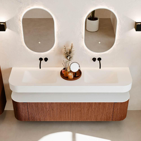 MONDIAZ THOR Meuble de salle de bains 180cm arrondi gauche + droite couleur Ruby avec 2 tiroirs et 2 portes. Vasque suspendue CLOUD Double sans trou de robinet couleur Talc. SW1466020