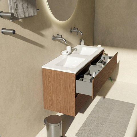 Saniclass Holz Pure Badkamermeubelset - 120x45x62cm - Vygo keramische wastafel wit - 2 wasbakken - zonder kraangaten - 4 lades - mat walnut pure (hout) SW1437771