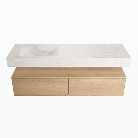 Mondiaz ALAN-DLUX Ensemble de meuble - 150cm - meuble Washed Oak mat - 2 tiroirs - Lavabo Cloud Ostra suspendu - vasque Gauche - 0 trous de robinet SW809006