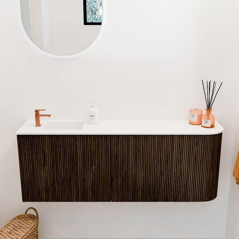 Mondiaz JOYA 111.6cm toiletmeubel - ronding rechts kleur Walnut - Wastafel FAYE positie Links 1 kraangat kleur Talc. SW1421292