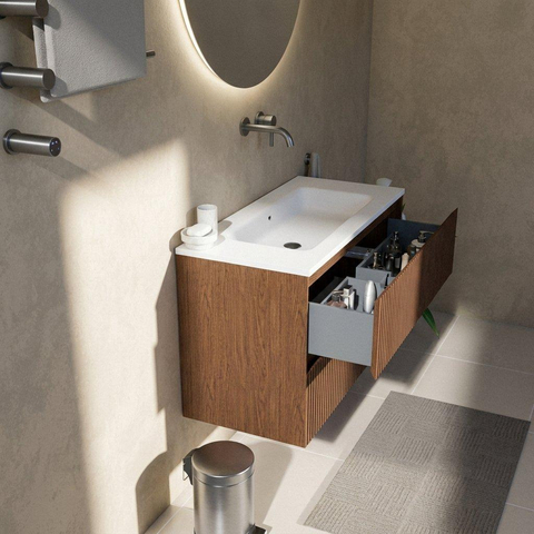 Saniclass Holz Atelier Ensemble meuble de salle de bains - 100x45x77.5cm - lavabo Torino en solid surface blanc - sans trou de robinet - 2 tiroirs - walnut pure mat (bois) SW1478663