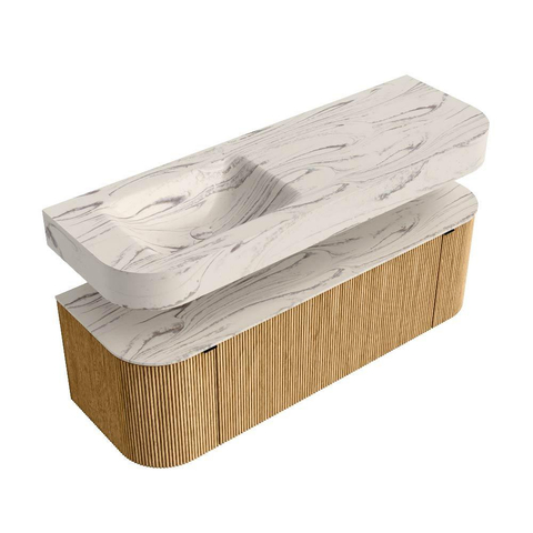 MONDIAZ THOR-DLUX 140cm meuble de salle de bains arrondi gauche + droite couleur Oak avec 1 tiroir et 2 portes. Vasque suspendue CLOUD gauche sans trou de robinet couleur Nata. SW1464411
