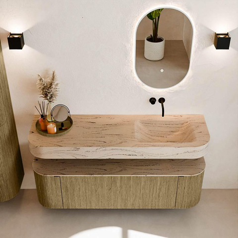 MONDIAZ THOR-DLUX 150cm meuble de salle de bains arrondi gauche + droite couleur Dusk avec 1 tiroir et 2 portes. Vasque suspendue CLOUD droite sans trou de robinet couleur Arena. SW1464753