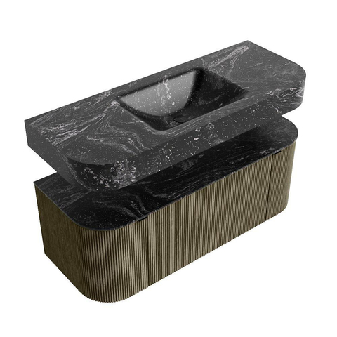 MONDIAZ THOR-DLUX 120cm meuble de salle de bains arrondi gauche + droite couleur Shadow avec 1 tiroir et 2 portes. Vasque suspendue CLOUD Milieu 1 trou de robinet couleur Lava. SW1463151