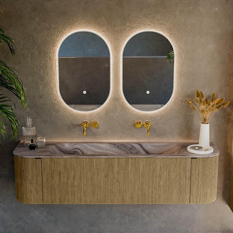 MONDIAZ KURVE-DLUX Meuble de salle de bains 170cm arrondi Gauche + Droite couleur Dusk avec 1 tiroir et 2 portes. Lavabo BIG LARGE Central sans trou de robinet Sombra. SW1433873
