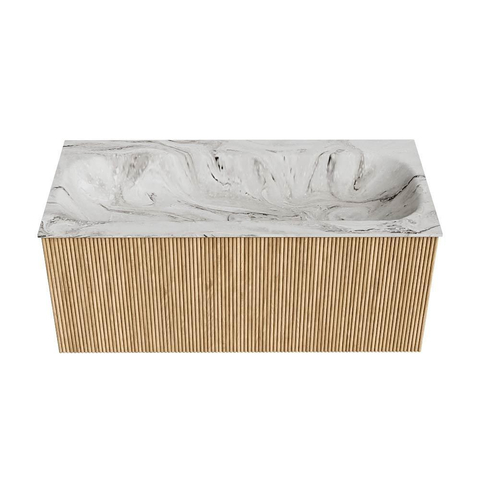 MONDIAZ KURVE-DLUX Meuble de salle de bains 100cm couleur Oak avec 1 tiroir. Lavabo BIG MEDIUM central sans trou de robinet couleur Glace. SW1137977