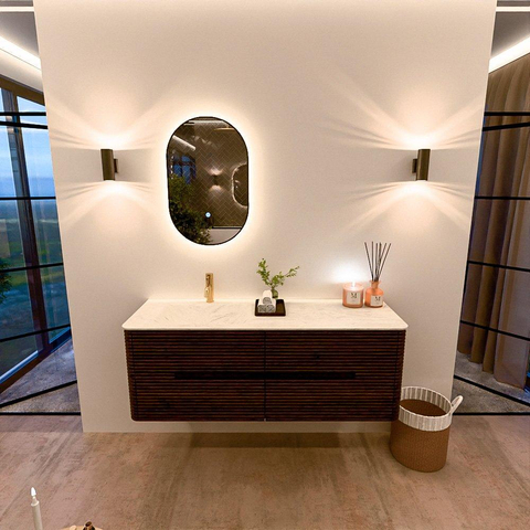Mondiaz CIRO-DLUX Meuble de salle de bains - 140x45x50cm - Plan vasque solid surface Opalo - 1 vasque à gauche - 1 trou de robinet - 4 tiroirs - Noyer SW1530518