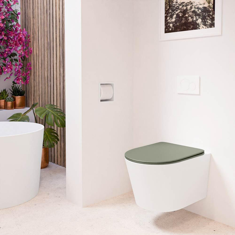 Mondiaz LAVIE hangtoilet – spoelrandloos – 36 x 53 cm – met softclose zitting – Talc (wit), zitting Army (groen) SW1208581
