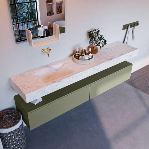 Mondiaz ALAN-DLUX Ensemble de meuble - 200cm - meuble - Army mat - 2 tiroirs - Lavabo Cloud Ostra suspendu - vasque gauche - 0 trous de robinet - Beige SW807778