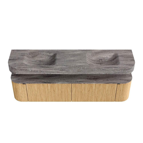 MONDIAZ THOR-DLUX Meuble de salle de bains - 190cm - arrondi gauche + droite - couleur Oak - 2 tiroirs et 2 portes - Vasque suspendue CLOUD Double sans trou de robinet - couleur Oza SW1466787