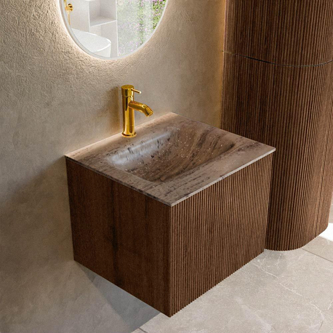 MONDIAZ KURVE-DLUX 50cm badmeubel kleur Walnut met 1 lade en 0 deuren. Wastafel GRUNNE Midden 1 kraangat Oza. SW1432706