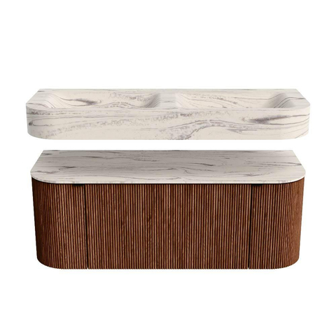 MONDIAZ THOR-DLUX Meuble de salle de bains 120cm arrondi gauche + droite couleur Ruby avec 1 tiroir et 2 portes. Vasque suspendue CLOUD Double sans trou de robinet couleur Nata. SW1463373