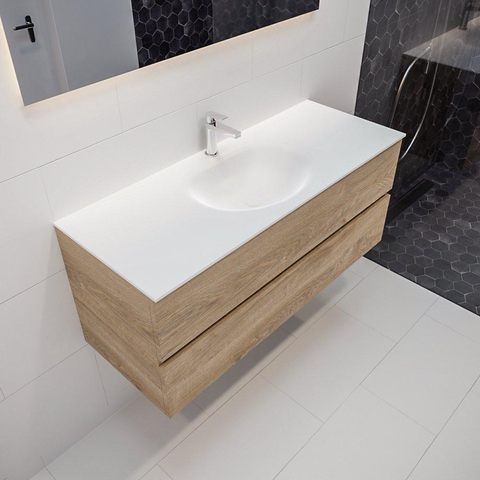 ENSEMBLE DE MEUBLE MONDIAZ VICA - 120cm - 2 tiroirs - lavabo Moon central - 1 trou de robinet - solid surface chêne blanchi SW409876