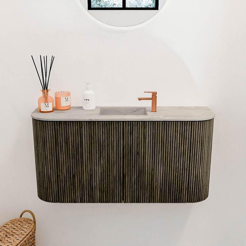 Mondiaz JOYA-DLUX 83.2cm meuble de salle de bains - arrondis gauche et droite couleur Shadow - Vasque FAYE position Milieu 1 trou de robinet couleur Glace. SW1422800
