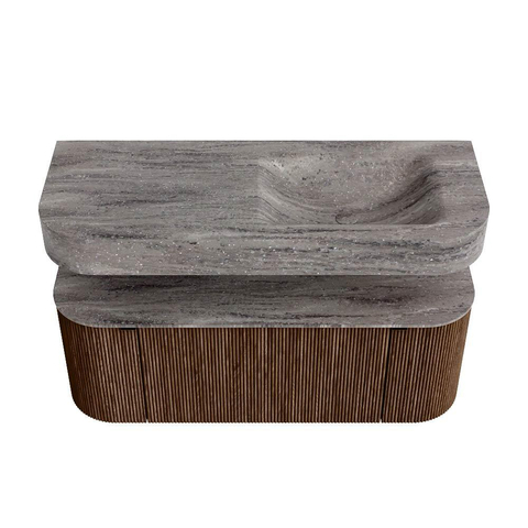 MONDIAZ THOR-DLUX 120cm meuble de salle de bains arrondi gauche + droite couleur Walnut avec 1 tiroir et 2 portes. Vasque suspendue CLOUD droite sans trou de robinet couleur Oza. SW1463385