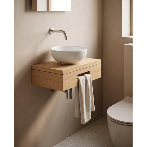 Royal Plaza Terra Planche pour lave-mains - 40x25x10cm - avec porte-serviettes - vasque à poser blanc brillant - robinet de lave-mains chrome - bonde - siphon - sandwood (chêne clair) SW1576328