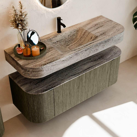 MONDIAZ THOR-DLUX 130cm meuble de salle de bains arrondi gauche + droite couleur Shadow avec 1 tiroir et 2 portes. Vasque suspendue CLOUD Milieu 1 trou de robinet couleur Oza. SW1463998