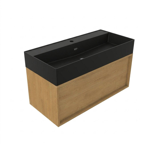 Saniclass Holz Frame Badkamermeubelset - 100x45x52cm - Legend keramische wastafel mat zwart - 1 wasbak - zonder kraangat - 1 lade - mat eiken natural (hout) SW1579680
