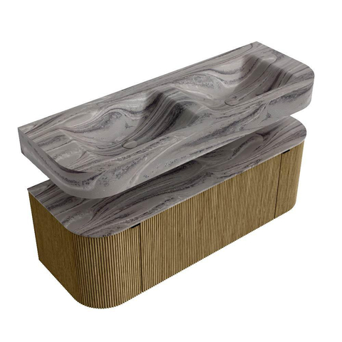 MONDIAZ THOR-DLUX 130cm meuble de salle de bains arrondi gauche + droite couleur Dusk avec 1 tiroir et 2 portes. Vasque suspendue CLOUD Double sans trou de robinet couleur Sombra. SW1464070