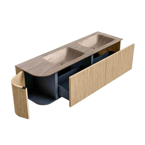 MONDIAZ KURVE-DLUX 155cm badmeubel ronding Links kleur Oak met 2 lades en 1 deur. Wastafel LEAF Dubbel / Rechts 2 kraangaten Saba. SW1433112